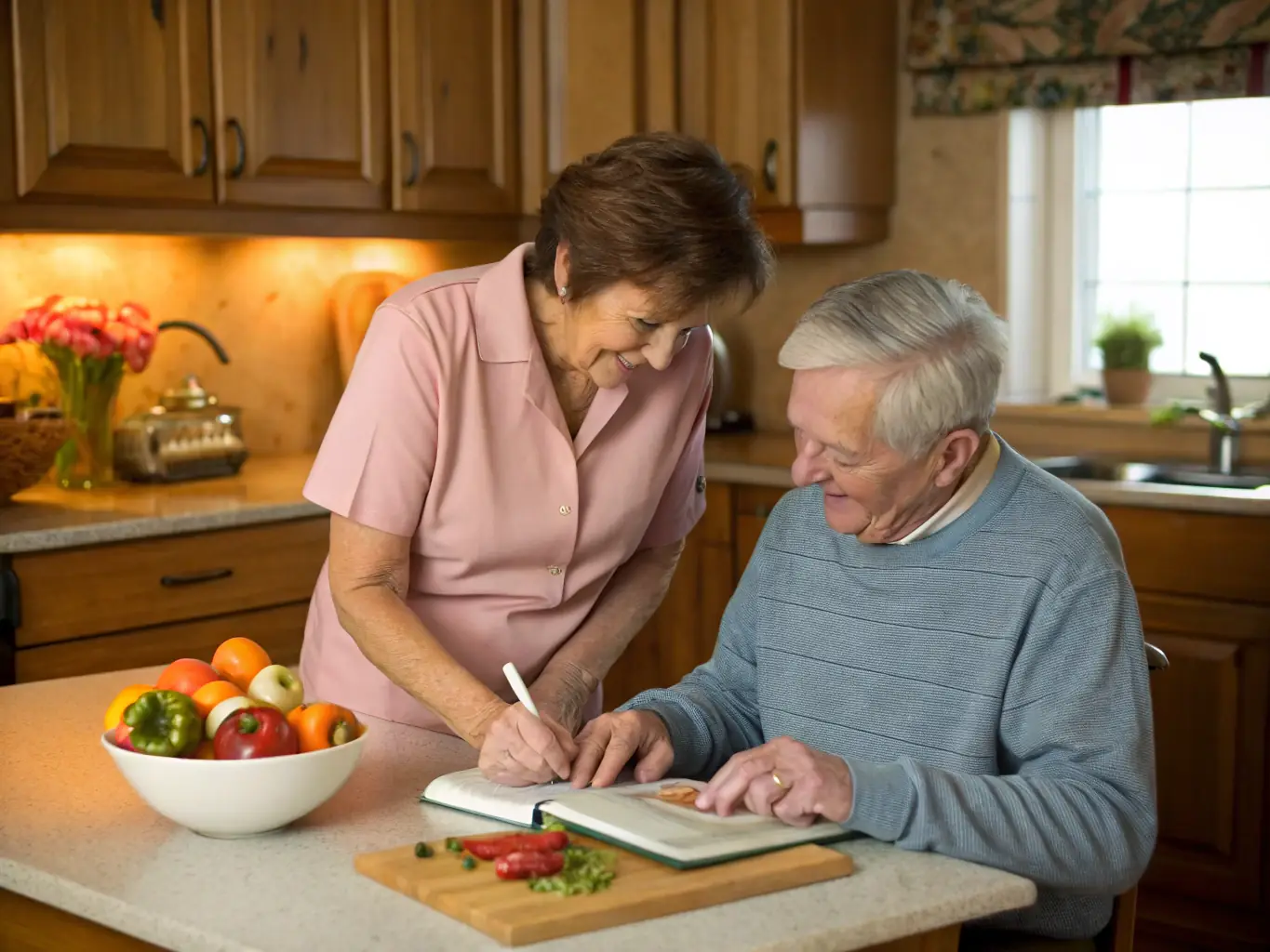 A warm and inviting image of a caregiver assisting an elderly woman with meal preparation in a cozy kitchen setting, emphasizing the personal care aspect of Estuary Life Solutions Ltd's services.